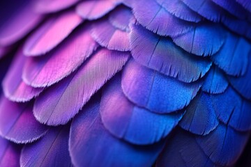 Obraz premium A stunning display of closely arranged feathers with rich blue and purple hues illuminated by soft afternoon light