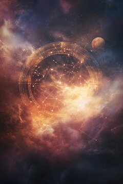 Radiant astrological mandala with colorful cosmic background, featuring zodiac symbols