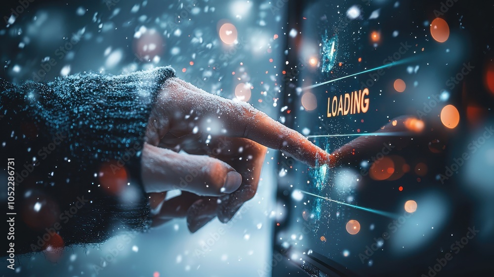 Poster close-up of a businessman's hand touching a digital screen with a progress bar loading, displaying t