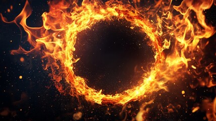 Fototapeta premium Flaming circular fire frame, isolated on a black background generative ai