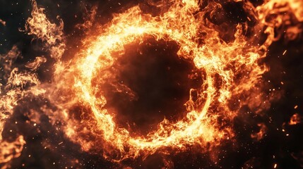 Fototapeta premium Flaming circular fire frame, isolated on a black background generative ai