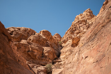 Rocky Canyon in Blue Sky in Jordan. Beautiful Stone Formation in Petra.