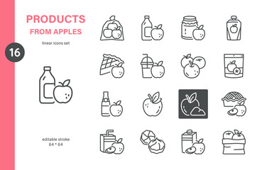 Naklejka premium Simple Set of Apple Products Vector Line Icons. Contains such Icons as Apple Juice, Cider, Vinegar, Jam, Pie and more. Editable Stroke. Pixel Perfect Vector.