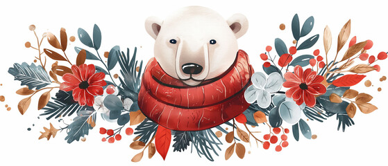 Fototapeta premium Polar Bear Winter Wonderland Floral Arrangement