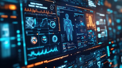 A digital interface showing a healthcare dashboard with AI-driven recommendations, patient records, and treatment plans, representing digital triage. Surrounding elements include icons for digital