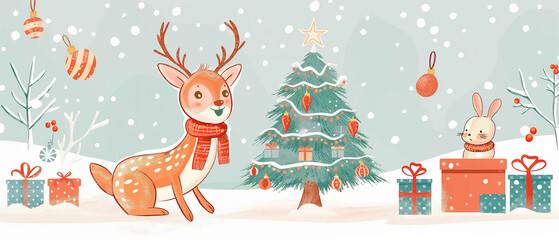 Naklejka premium Christmas Deer Rabbit Snow Gifts Festive Joy