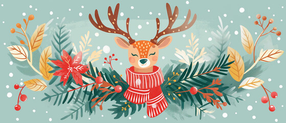 Fototapeta premium Cute Reindeer Wearing Red Striped Scarf In Winter