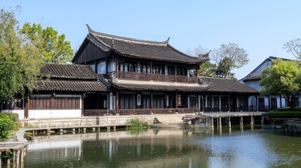 Chinese-style building, close-up view of the house, with a small river in front of house and blue sky.