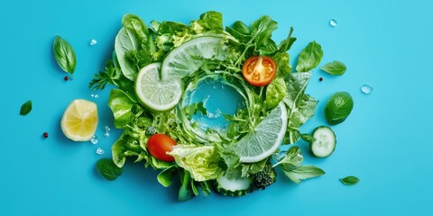 Fresh Green Salad with Lemon  Cucumber and Tomato on Blue Background
