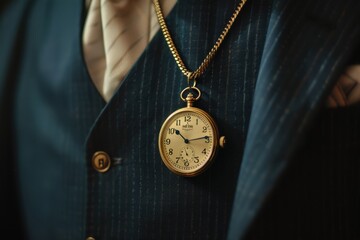 Timeless Elegance: Businessman's Gold Stopwatch Necklace for Stylish Time and Money Concept Art