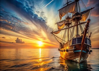Fototapeta premium Ancient Sailing Ship at Dawn, Majestic Sea View, Historical Maritime Photography, Tranquil Morning Glow, Nautical