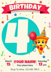 Fototapeta premium Cute greeting card with piece of pizza. Children's Happy birthday 4 years old.