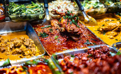 Traditional Asian dishes sold in a food court in Singapore