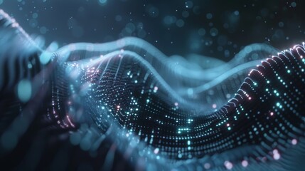 Naklejka premium Complex wavy surface made of countless glowing dots is forming a futuristic digital landscape with bokeh effect, representing modern technologies, big data or cyberspace