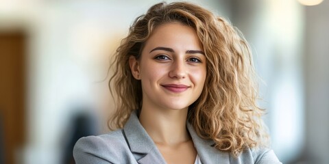 Fototapeta premium A confident woman with curly hair smiles in a modern office, highlighting her professionalism and approachability