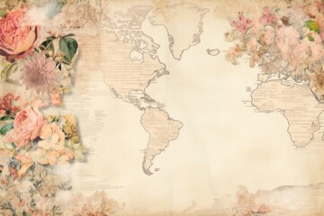 Fototapeta premium Ephemera style of pale world map backgrounds flower plant.