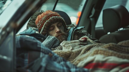 Person Sleeping in Car Depicting Homelessness