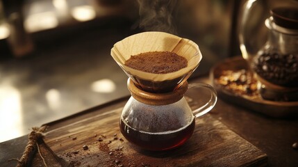 Artisanal coffee brewing: A detailed scene of artisanal coffee brewing methods, like pour over or Chemex, emphasizing the craft and precision involved in creating a perfect cup.