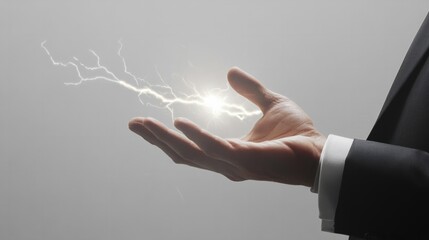 Rendered hand of a businessman with lightning touching his fingers, power concept generative ai