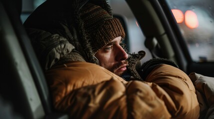 Person Experiencing Homelessness in Vehicle at Night