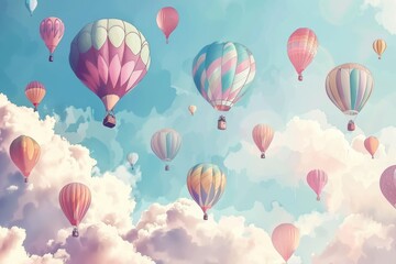 Fototapeta premium Colorful hot air balloons ascending into a bright blue sky filled with fluffy clouds during a picturesque morning celebration