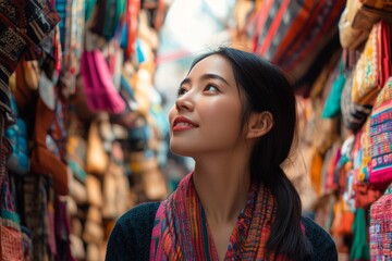 Obraz premium Asian woman in traditional market, a vibrant image of a woman exploring a traditional market, surrounded by colorful goods and cultural elements,