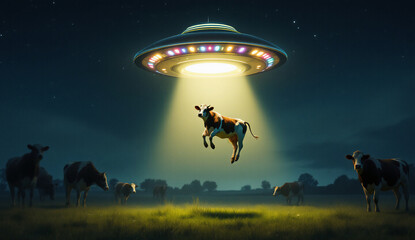 A UFO hovers over a field at night, beaming light onto a levitating cow, creating a surreal and mysterious scene.

