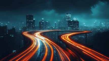 Fototapeta premium Two futuristic roads in a city, one dark and stormy, the other bright and prosperous, decision making. generative ai