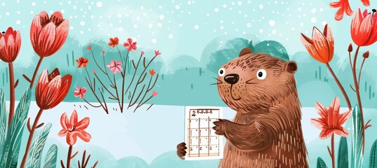 Groundhog with Calendar in Scenic Transition from Winter to Spring - Playful Groundhog Day Illustration
