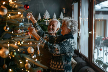 Obraz premium Elderly couple joyfully decorating a Christmas tree together.