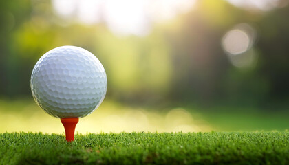 Close-up golf ball on tee with blur green bokeh background