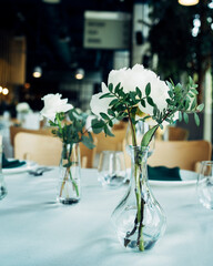 Simple minimalistic floral arrangement in glass vase. 