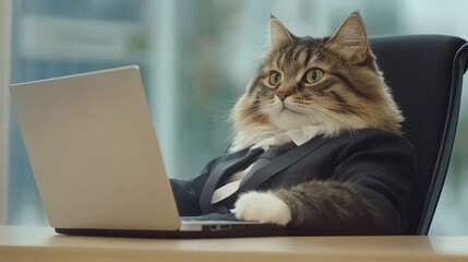 A cat in a suit sitting at a desk using a laptop in a modern office setting during the daytime