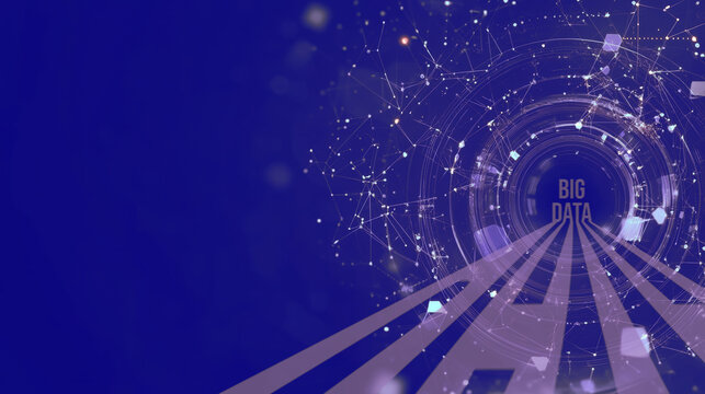 Abstract big data visualization and big data connection background. Cyber technology, artificial intelligence AI futuristic technology glowing blue purple technological background.
