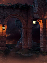 Old gothic ruins with lanterns and destroyed stone arches in a dark scene at night. 3D render. Made from 3D resources and painted elements. No AI used.
