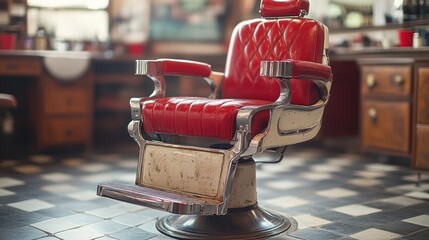 A red barber chair with chrome accents sits on a checkered floor in a vintage barber shop.
