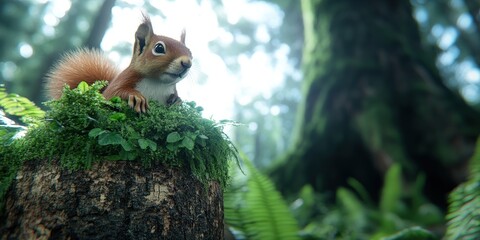 Obraz premium Adorable Red Squirrel Perched on Tree Stump in Lush Forest