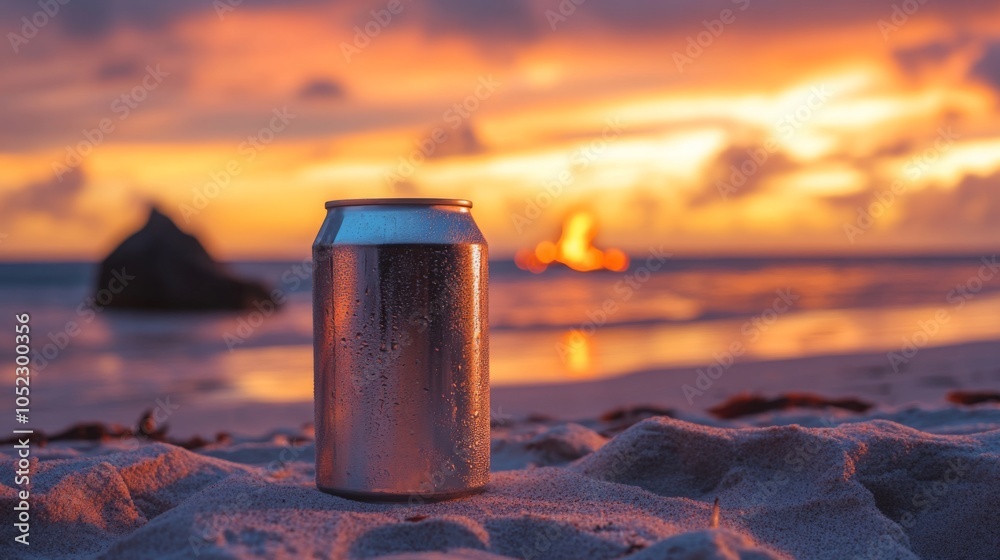 Aufkleber a sleek metallic can is positioned on the sandy beach as a colorful sunset paints the sky. waves gen