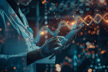 Scientist analyzing DNA helix on a futuristic tablet.