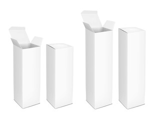 White blank tall vertical paperboard box with tuck-in flap. Open and closed. 3d mockup set. Cardboard box container. Realistic vector mock-up. Carton package. Template for design