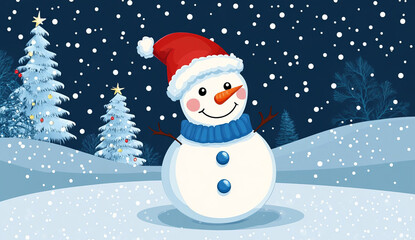 Obraz premium Cute snowman in red hat and blue scarf stands on background of Christmas tree.