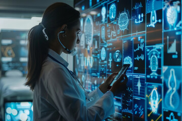 Scientist analyzing DNA helix on a futuristic tablet.