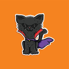 cute black cat vampire wear purple red cap and sunglasses vector illustration design isolated in orange background for halloween