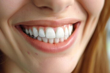 Fototapeta premium Close-up of a woman's smile showing healthy white teeth.