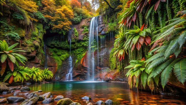Beautiful calm autumn landscape with waterfall and rock polypodiopsida Filicopsida Fontes, fall in the island Madeira, Portugal, Europe
