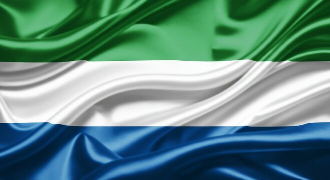 Waving Sierra Leone flag with green, white, and blue stripes.