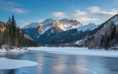 Frozen lake with snow capped mountains blue and white winter wonderland serene and peaceful