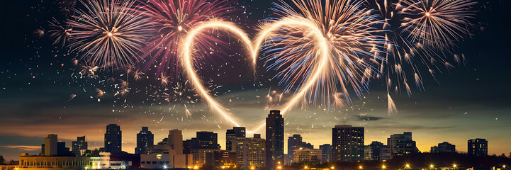 Golden and blue fireworks forming heart shape above cityscape  romantic celebration in the night sky   
