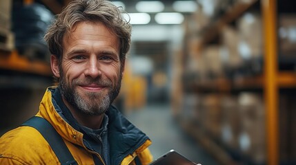 Fototapeta premium portrait of a confident engineer manager in uniform, smiling while holding a tablet in a busy warehouse, conveying a sense of professionalism and happiness in the workplace