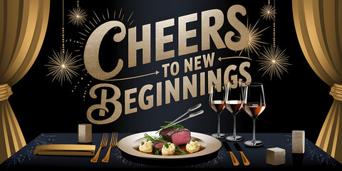 Golden text  black background  New Year s Eve celebration  Cheers to new beginnings   